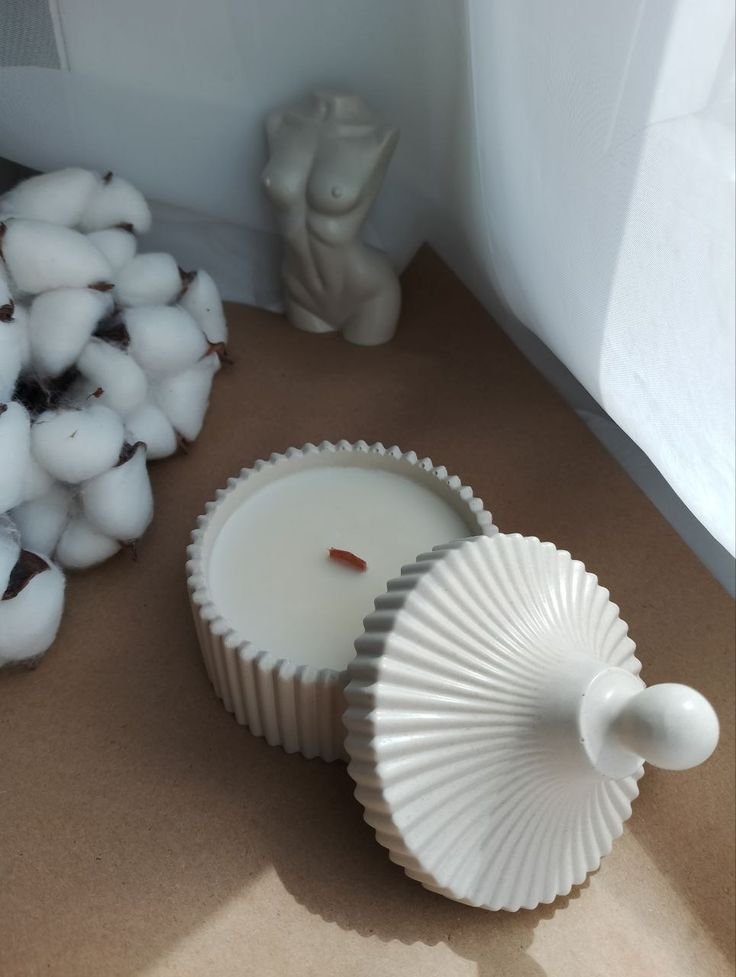 Vela cerámica estriada con tapa – Aloe Vera